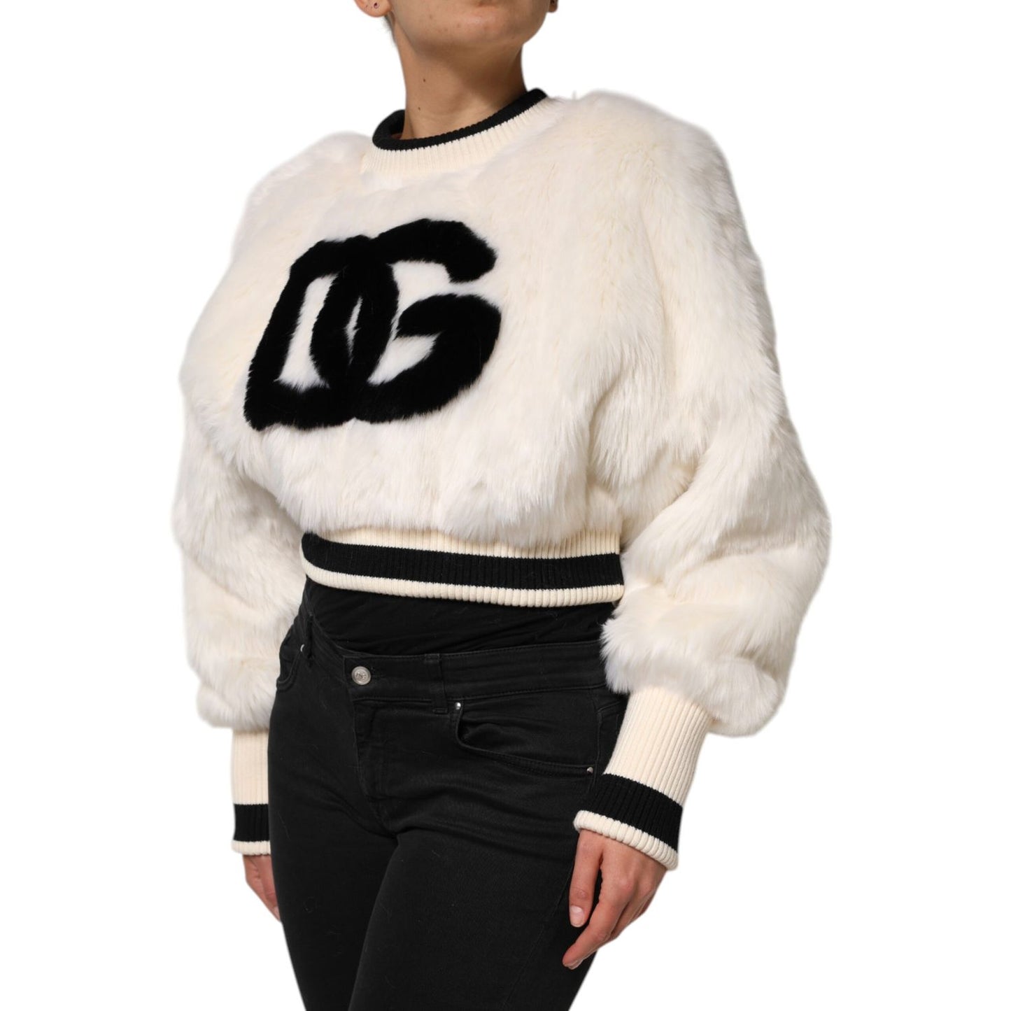 Dolce & Gabbana White Cropped Faux Fur DG Sweatshirt Sweater