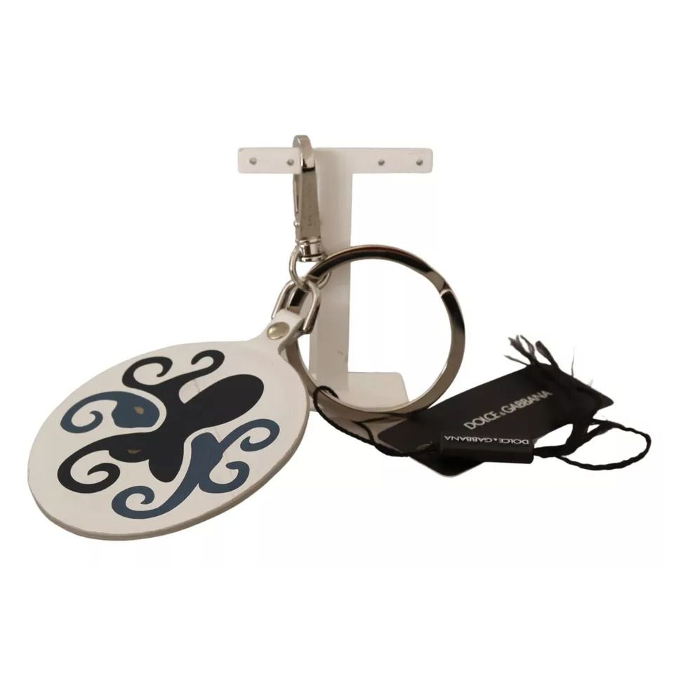 Dolce & Gabbana White Leather Printed Metal Silver Tone Keyring Keychain Dolce & Gabbana
