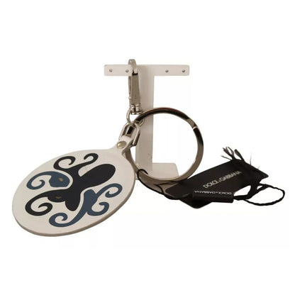 Dolce & Gabbana White Leather Printed Metal Silver Tone Keyring Keychain Dolce & Gabbana