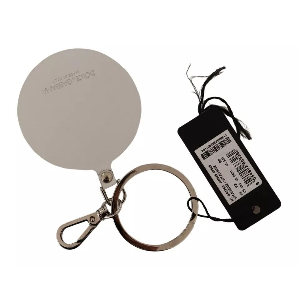 Dolce & Gabbana White Leather Printed Metal Silver Tone Keyring Keychain Dolce & Gabbana