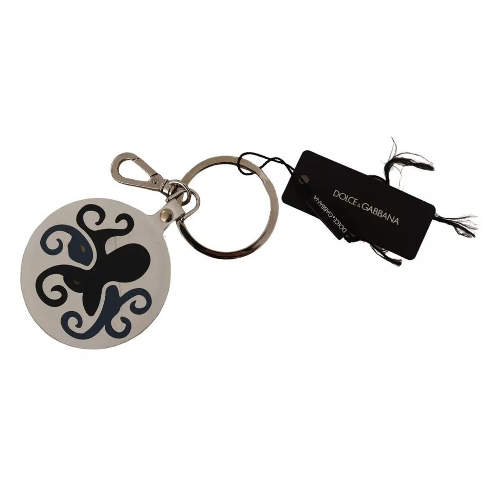 Dolce & Gabbana White Leather Printed Metal Silver Tone Keyring Keychain Dolce & Gabbana