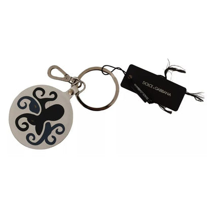 Dolce & Gabbana White Leather Printed Metal Silver Tone Keyring Keychain Dolce & Gabbana