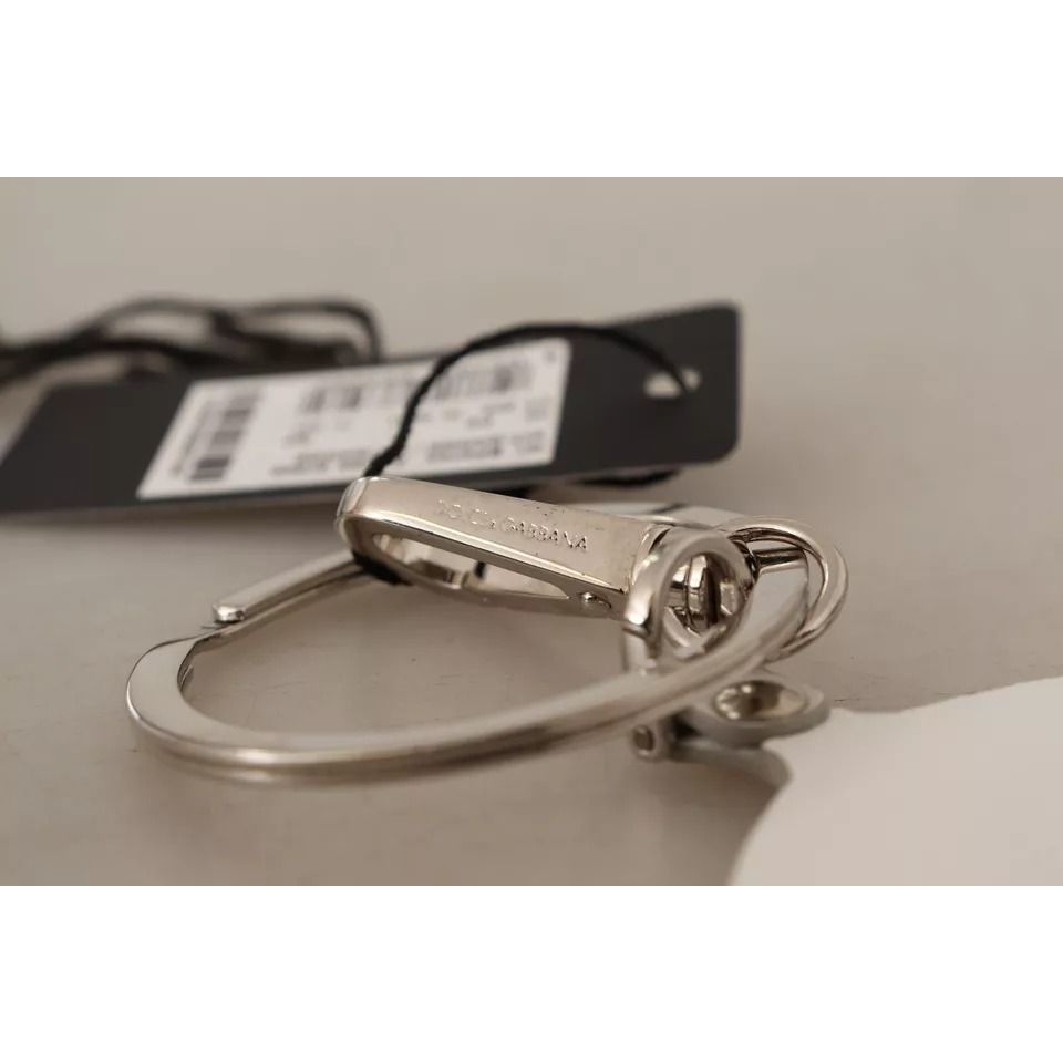 Dolce & Gabbana White Leather Printed Metal Silver Tone Keyring Keychain Dolce & Gabbana