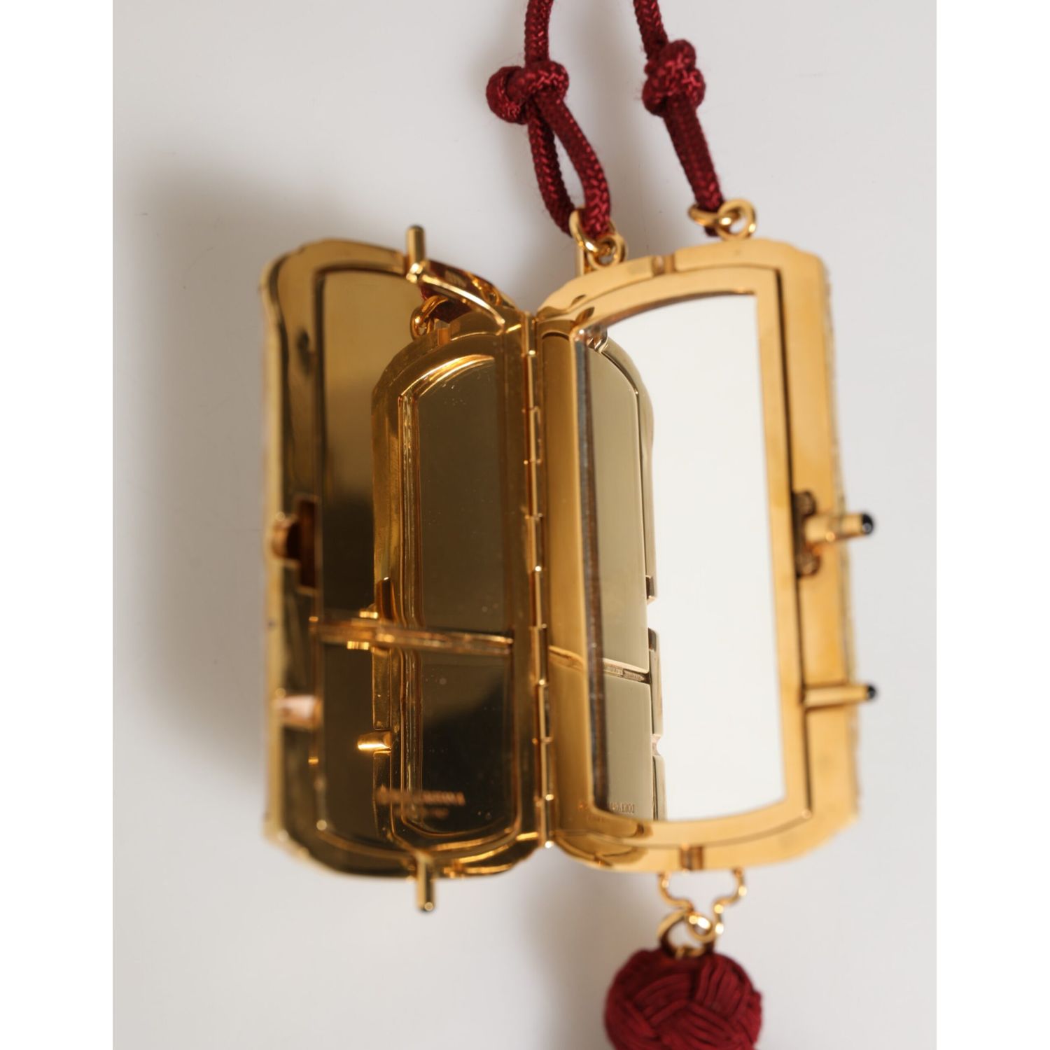 Dolce & Gabbana White Pearl Resin Gold Metal Red Tassel Pendant Bag