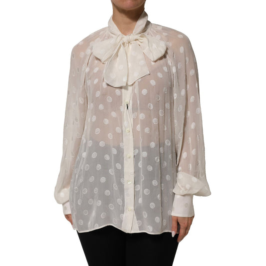 Dolce & Gabbana White Polka Sheer Silk Bow Tie Shirt Blouse Top Dolce & Gabbana