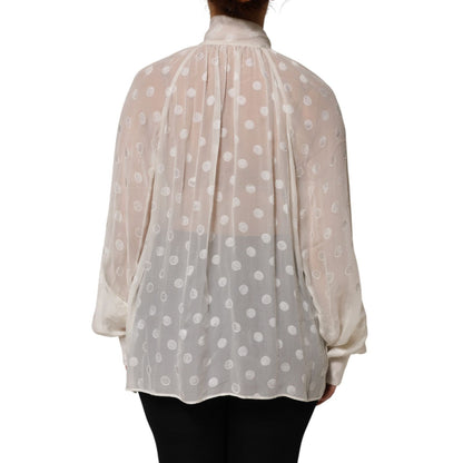 Dolce & Gabbana White Polka Sheer Silk Bow Tie Shirt Blouse Top