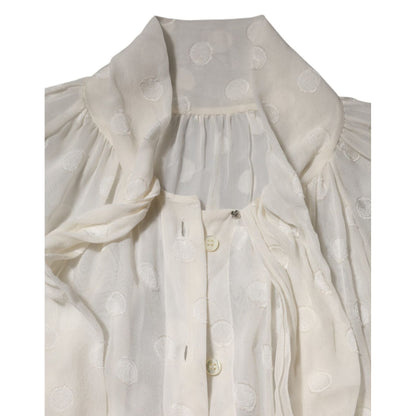 Dolce & Gabbana White Polka Sheer Silk Bow Tie Shirt Blouse Top