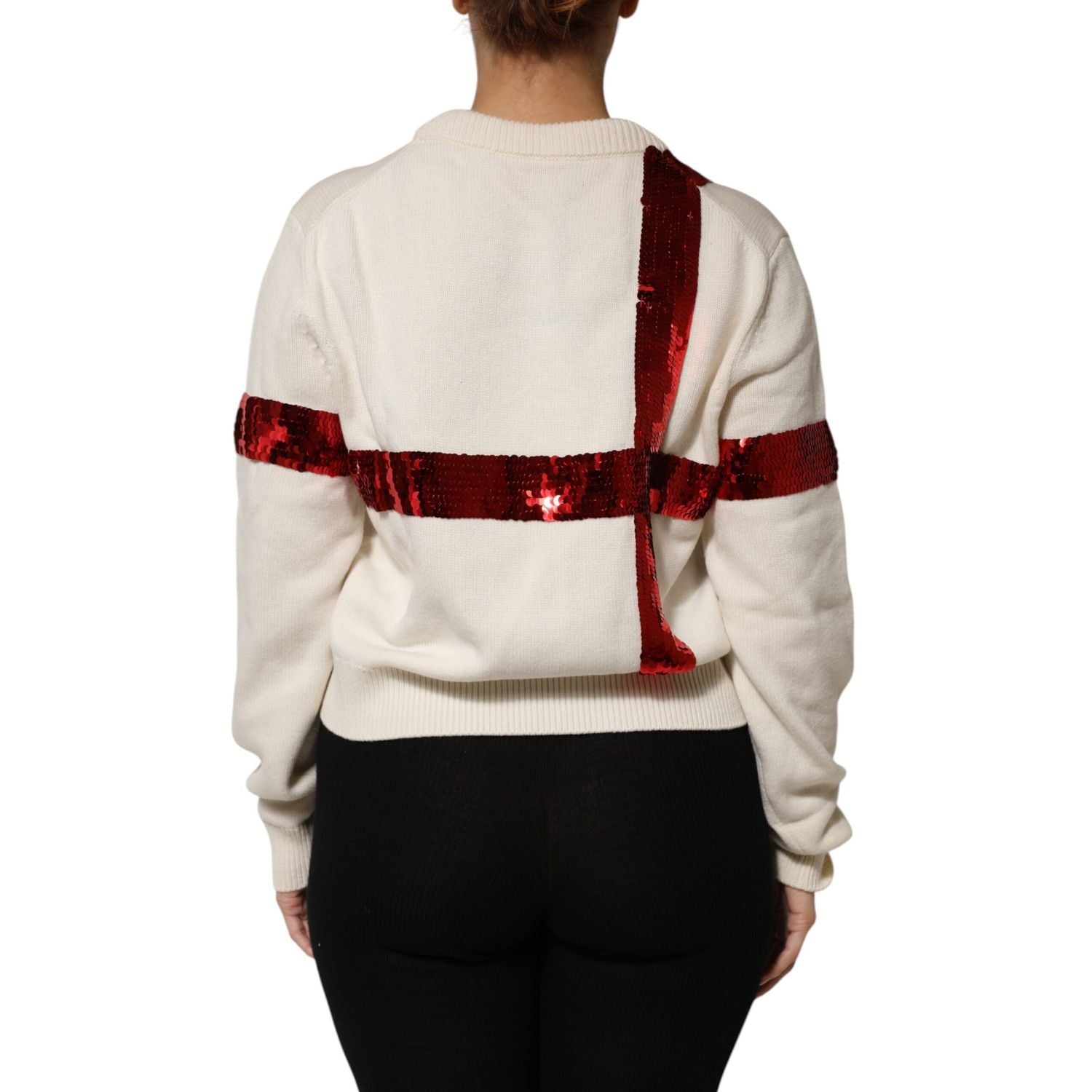 Dolce & Gabbana White Sequined Crew Neck Pullover Sweater