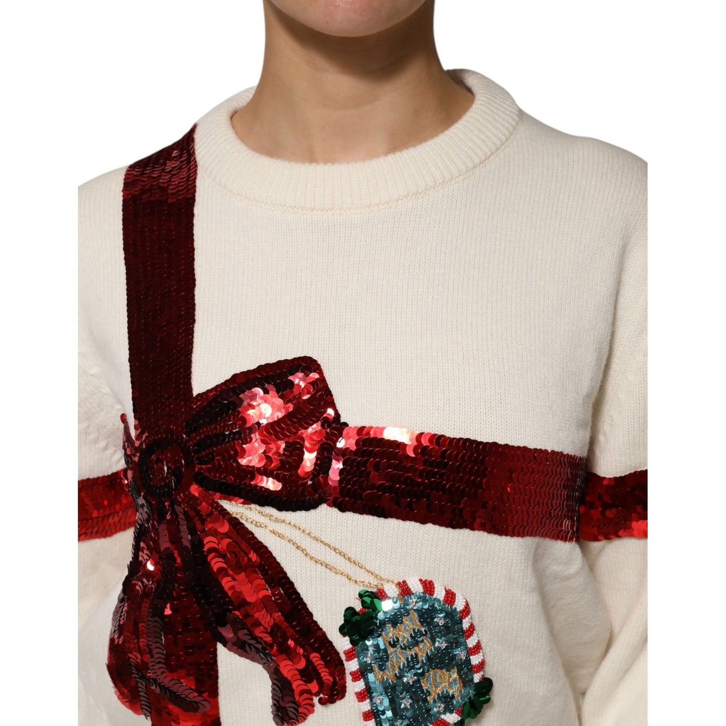 Dolce & Gabbana White Sequined Crew Neck Pullover Sweater Dolce & Gabbana