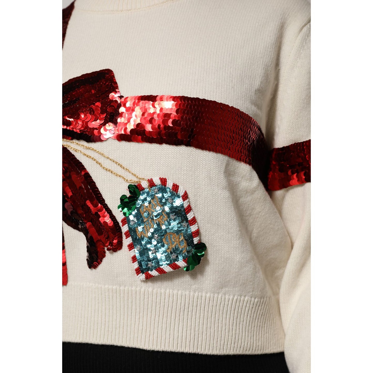 Dolce & Gabbana White Sequined Crew Neck Pullover Sweater Dolce & Gabbana