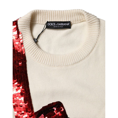 Dolce & Gabbana White Sequined Crew Neck Pullover Sweater Dolce & Gabbana