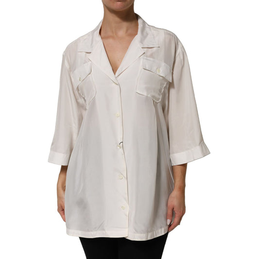 Dolce & Gabbana White Silk Collared 3/4 Sleeves Blouse Top Dolce & Gabbana