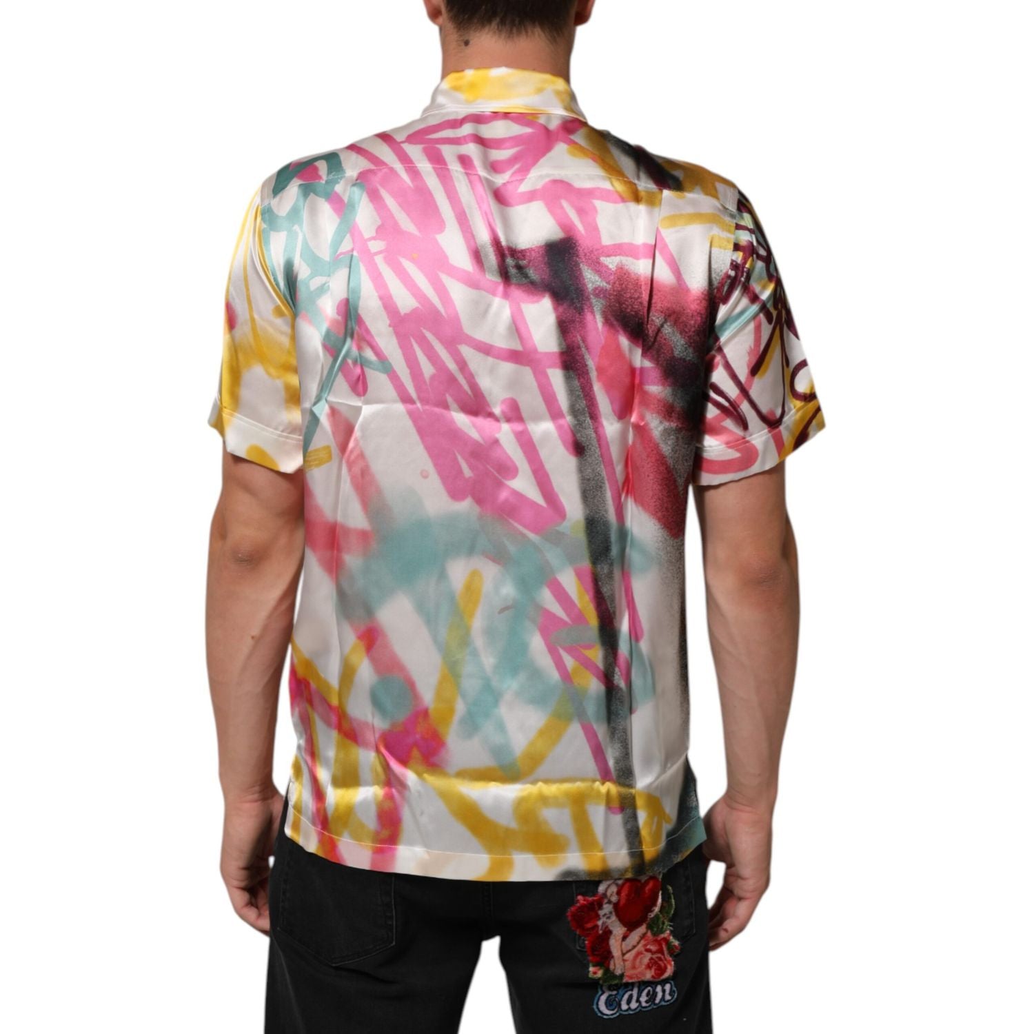 Dolce & Gabbana White Silk Hawaiian Graffiti Print Men Casual Shirt