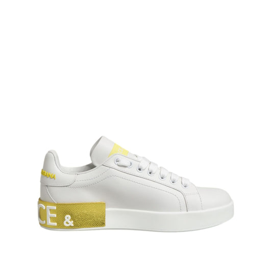 Dolce & Gabbana White Yellow Leather Low Top Sneakers Shoes Dolce & Gabbana