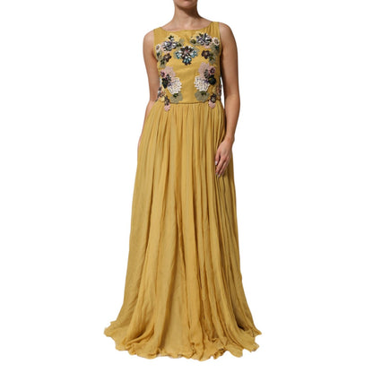 Dolce & Gabbana Yellow Silk Floral Embroidered Maxi Dress Dolce & Gabbana