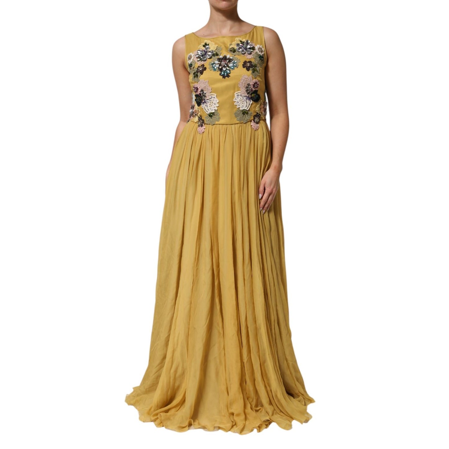 Dolce & Gabbana Yellow Silk Floral Embroidered Maxi Dress Dolce & Gabbana