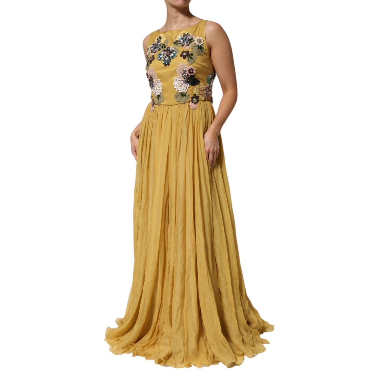 Dolce & Gabbana Yellow Silk Floral Embroidered Maxi Dress Dolce & Gabbana
