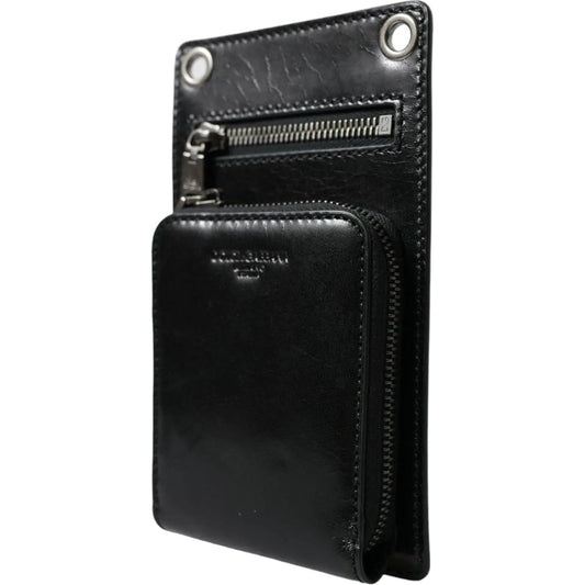 Dolce & Gabbana Black Calf Leather Zip Logo Shoulder Neck Strap Wallet black-calf-leather-zip-logo-shoulder-neck-strap-wallet