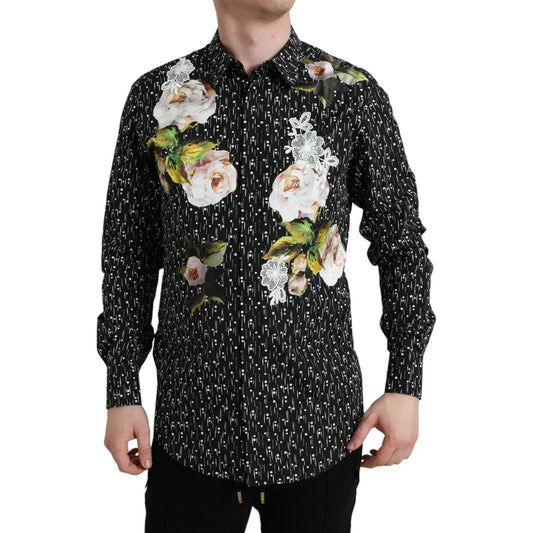 Dolce & Gabbana | Black Floral Men Formal Dress GOLD Shirt| McRichard Designer Brands   