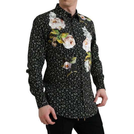Dolce & Gabbana | Black Floral Men Formal Dress GOLD Shirt| McRichard Designer Brands   