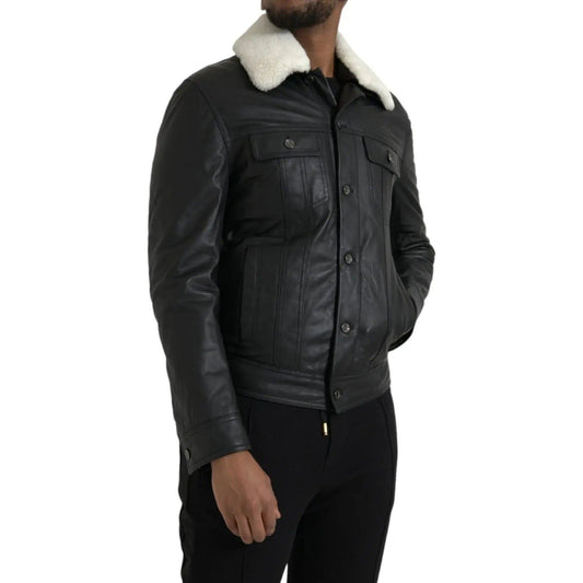 Dolce & Gabbana | Black Leather Fur Collar Biker Coat Jacket| McRichard Designer Brands   