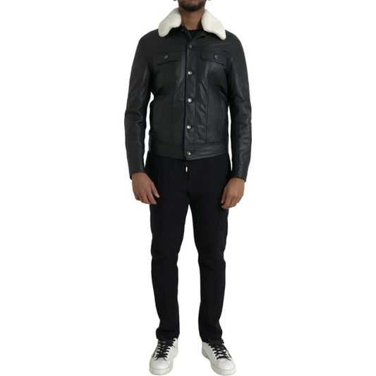 Dolce & Gabbana | Black Leather Fur Collar Biker Coat Jacket| McRichard Designer Brands   