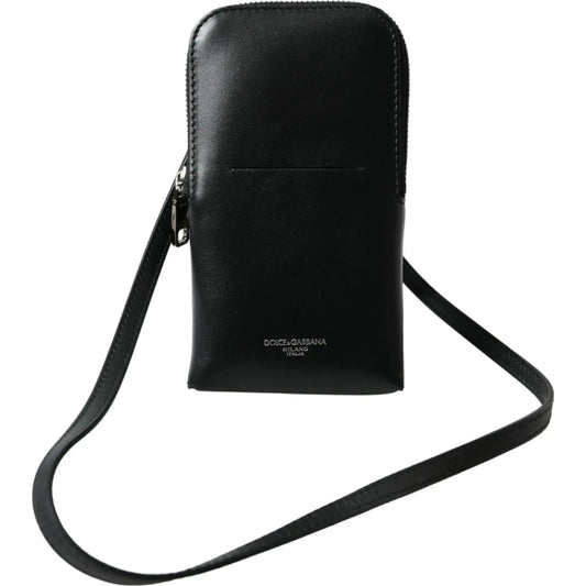 Dolce & Gabbana Black Leather Zip Around Logo Print Lanyard Strap Wallet black-leather-zip-around-logo-print-lanyard-strap-wallet