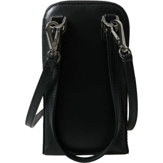 Dolce & Gabbana | Black Leather Zip Around Logo Print Lanyard Strap Wallet| McRichard Designer Brands   