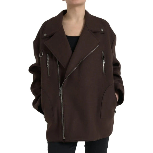 Dolce & Gabbana | Brown Coat Short Biker Wool Jacket| McRichard Designer Brands   