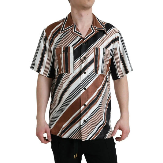 Dolce & Gabbana Brown White Silk Striped Short Sleeve Shirt brown-white-silk-striped-short-sleeve-shirt