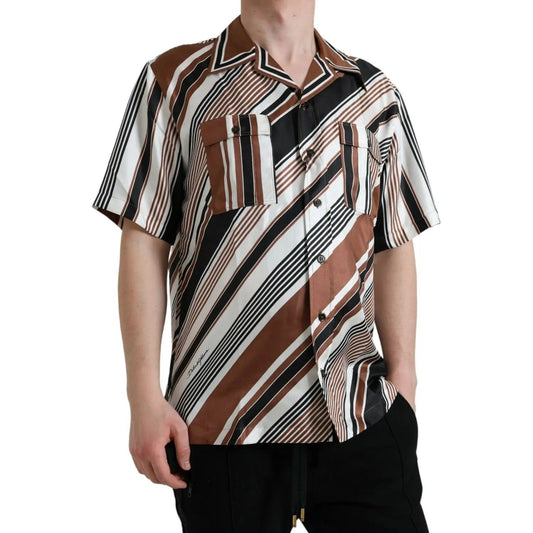 Dolce & Gabbana | Brown White Silk Striped Short Sleeve Shirt| McRichard Designer Brands   