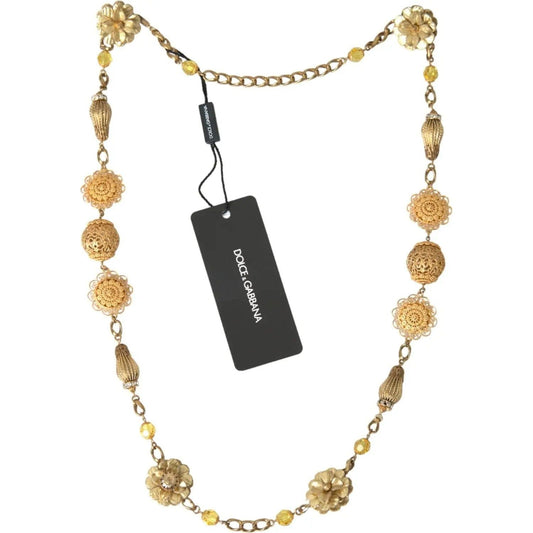 Dolce & Gabbana | Crystal Flower Filigree Gold Brass Statement Necklace| McRichard Designer Brands   