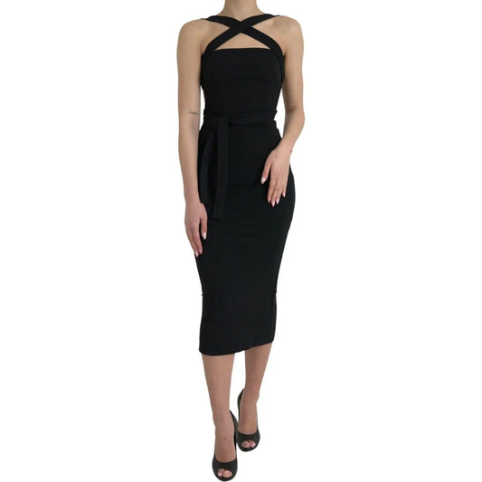 Dolce & Gabbana | Elegant Black Sheath Halter Midi Dress| McRichard Designer Brands   