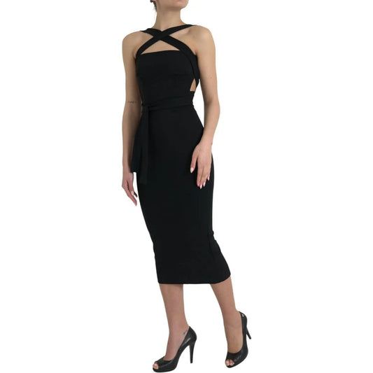 Dolce & Gabbana | Elegant Black Sheath Halter Midi Dress| McRichard Designer Brands   