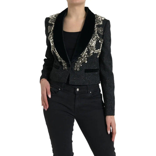 Dolce & Gabbana | Elegant Embellished Black Overcoat Jacket| McRichard Designer Brands   