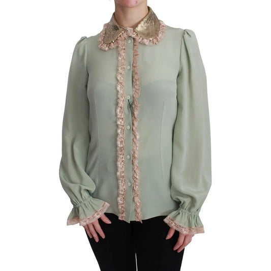 Dolce & Gabbana | Elegant Mint Green Silk Blend Sequin Collar Top| McRichard Designer Brands   