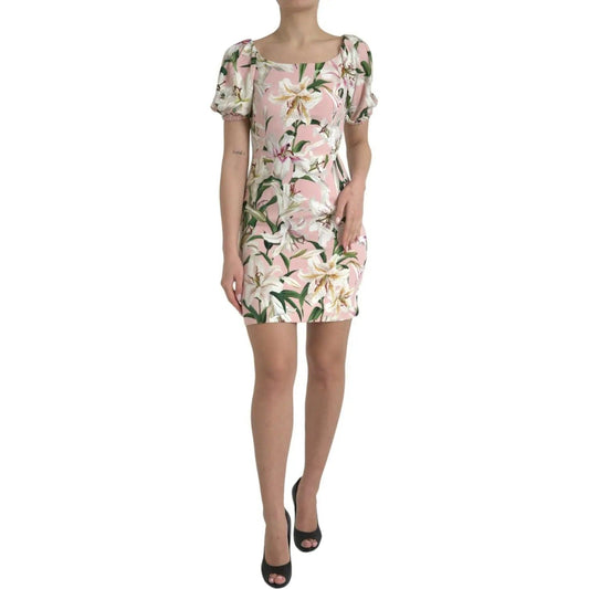 Dolce & Gabbana | Elegant Pink Lily Print Sheath Dress| McRichard Designer Brands   