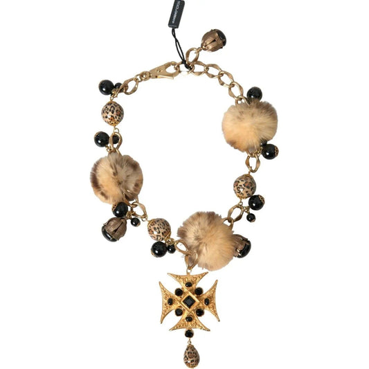 Dolce & Gabbana Gold Black Crystals Lapin Fur Filigree Chocker Necklace gold-black-crystals-lapin-fur-filigree-chocker-necklace