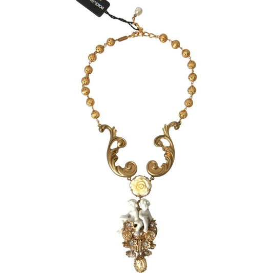 Dolce & Gabbana Gold Brass Angel Floral Beaded Embellished Necklace gold-brass-angel-floral-beaded-embellished-necklace