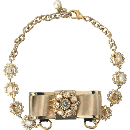 Dolce & Gabbana | Gold Brass Clear Crystal Bow Chain Choker Necklace| McRichard Designer Brands   
