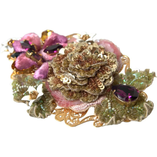 Dolce & Gabbana | Gold Brass Floral Crystal Sequined Hair Clip| McRichard Designer Brands   