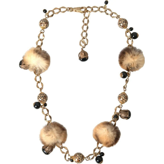 Dolce & Gabbana | Gold Brass Leopard Fur Pearl Collier Chain Belt| McRichard Designer Brands   