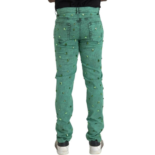 Dolce & Gabbana | Green Crystals Cotton Stretch Slim Jeans| McRichard Designer Brands   
