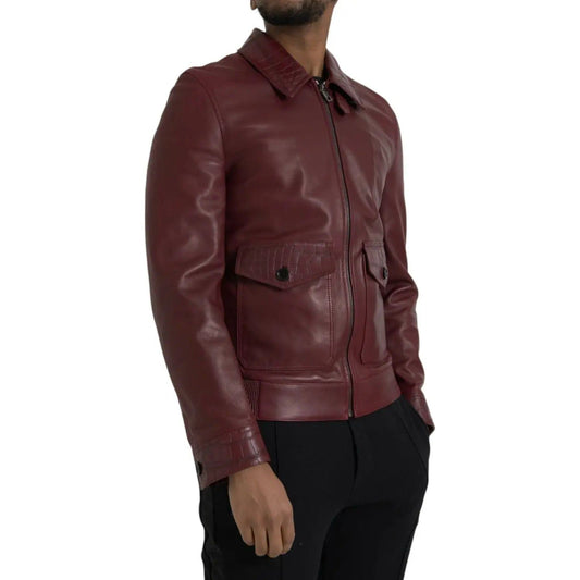 Dolce & Gabbana Maroon Exotic Leather Zip Biker Coat Jacket maroon-exotic-leather-zip-biker-coat-jacket