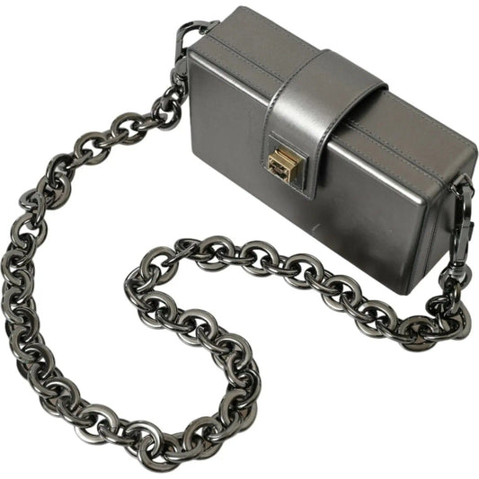 Dolce & Gabbana Metallic Gray Calfskin Shoulder Bag with Chain Strap metallic-gray-calfskin-shoulder-bag-with-chain-strap