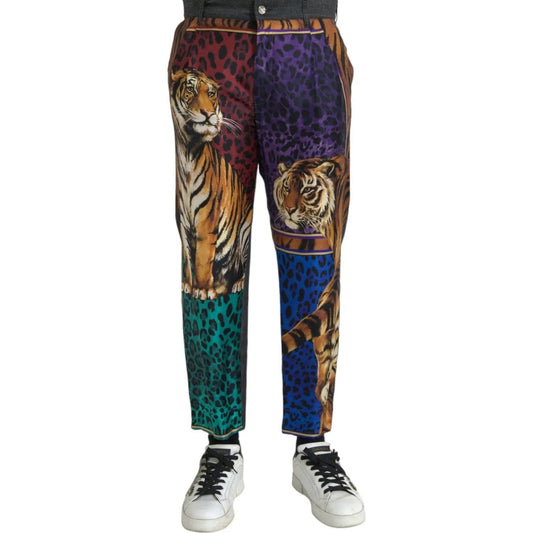 Dolce & Gabbana | Multicolor Tiger Leopard Cotton Loose Tapered Pants| McRichard Designer Brands   