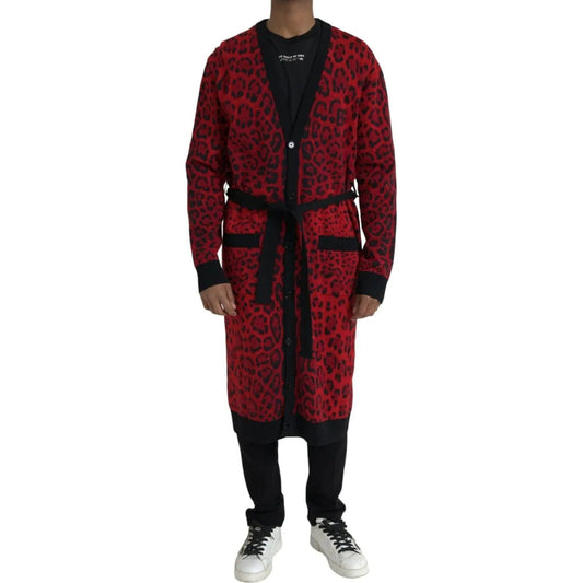 Dolce & Gabbana | Red Leopard Wool Robe Belted Cardigan Sweater| McRichard Designer Brands   