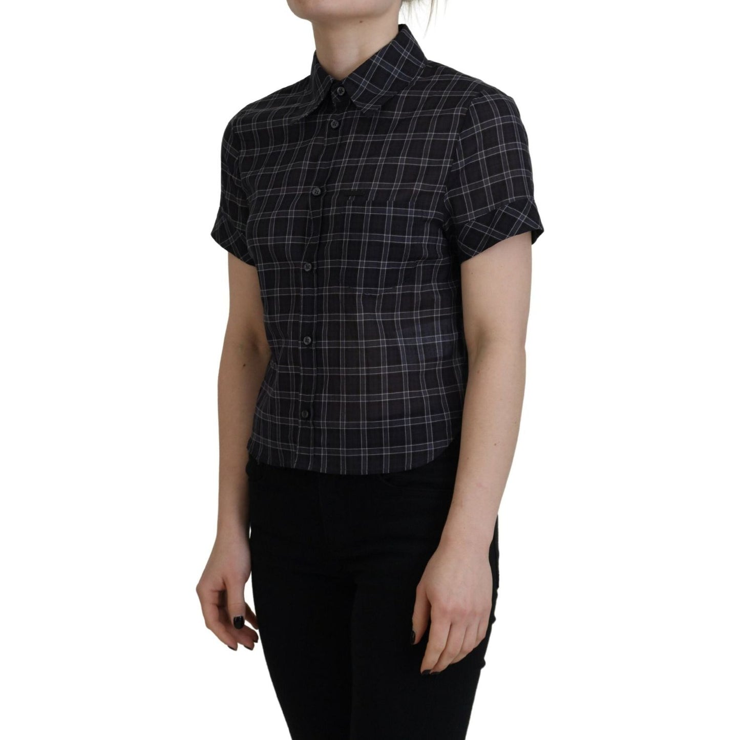 Dsquared² Black Checkered Collared Button Short Sleeves Top 1728,67345645728,Black,Clothing,Dsquared²,IT38 | XS,Material: 100% Cotton,Preowned / Defect,T-Shirts - Clothing,T-Shirts - T-Shirts - Clothing,Tops & T-Shirts - Women - Clothing,Women