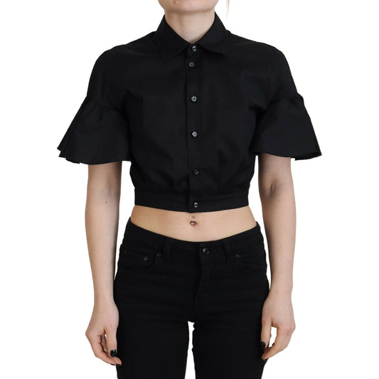 Dsquared² Black Collared Button Down Short Sleeve Cropped Top 1728,67345645728,Black,Clothing,Dsquared²,IT38 | XS,Material: 97% Cotton 3% Elastane,Preowned / Defect,T-Shirts - Clothing,T-Shirts - T-Shirts - Clothing,Tops & T-Shirts - Women - Clothing,Wome