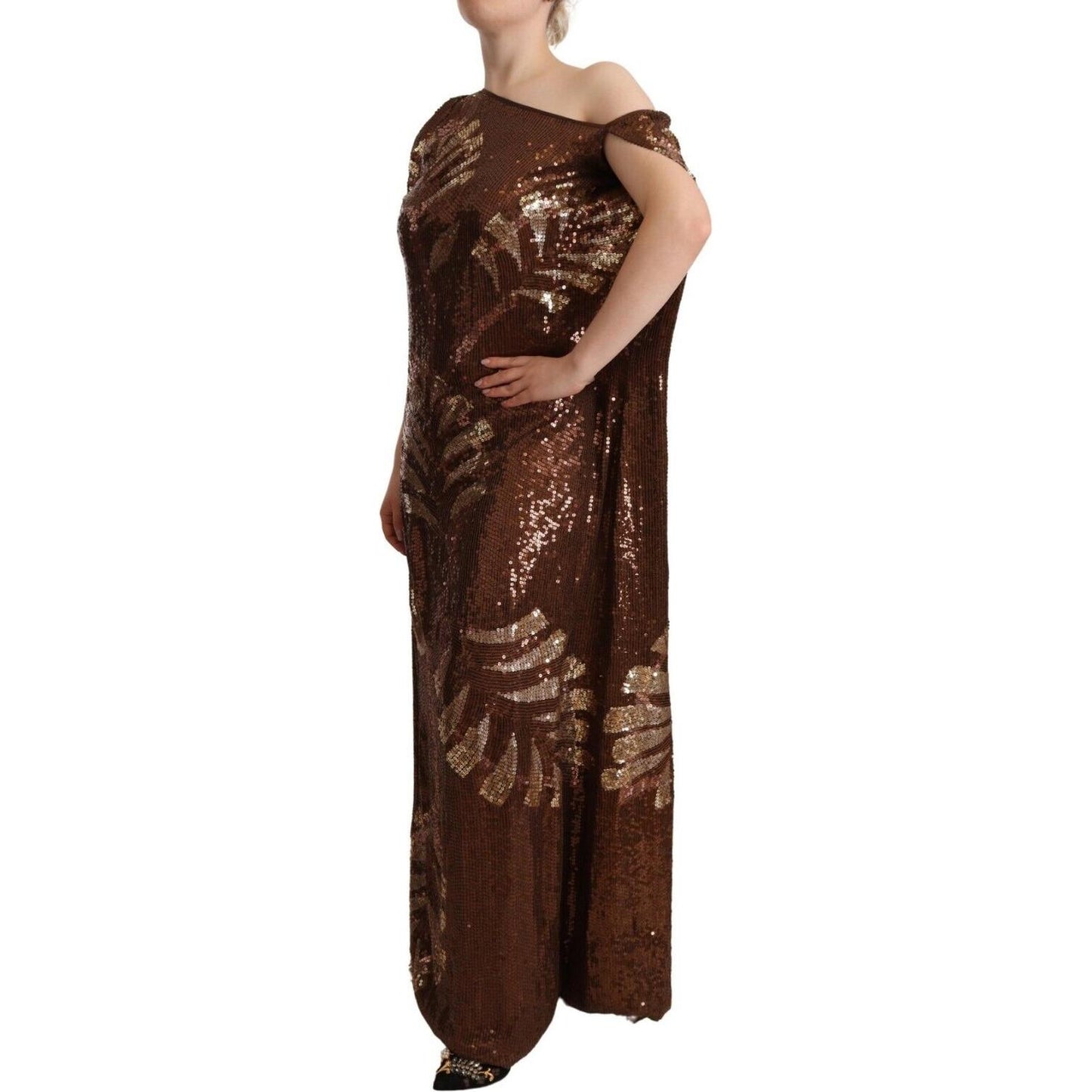 Dsquared² Brown Leaf Sequined Shift One Shoulder Long Dress 1728,67345645728,Brown,Clothing,Dresses - Clothing,Dresses - Women - Clothing,Dsquared²,IT40|S,Long - Dresses - Clothing,Longsleeve - Dresses - Clothing,Polyester,Preowned / Defect,Women